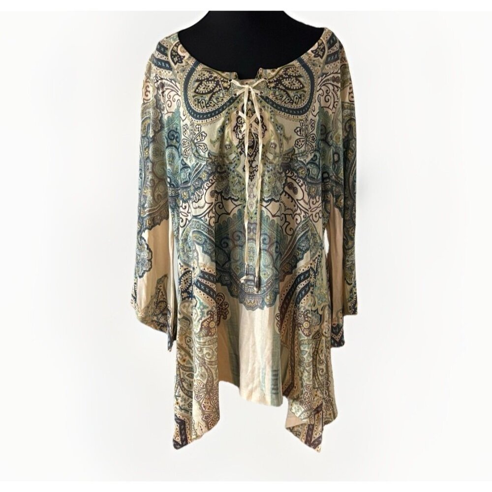 One World Top Size XL Front Lace Shirt Beige Bohemian Fairy Grunge Hippie Forest
